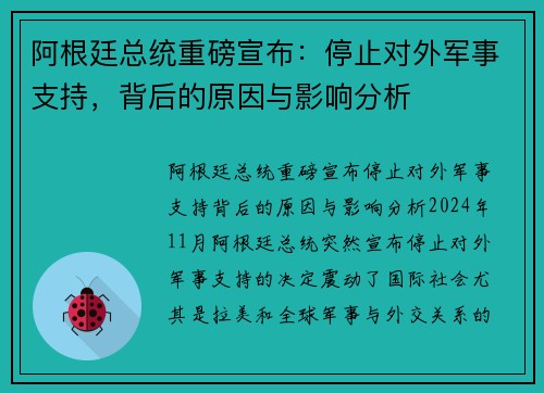 阿根廷总统重磅宣布：停止对外军事支持，背后的原因与影响分析