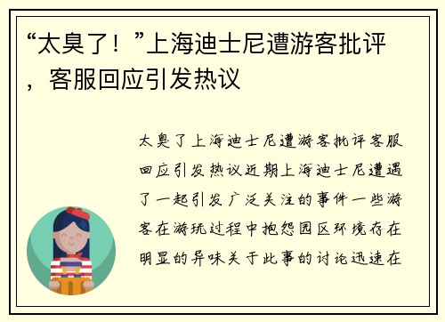 “太臭了！”上海迪士尼遭游客批评，客服回应引发热议